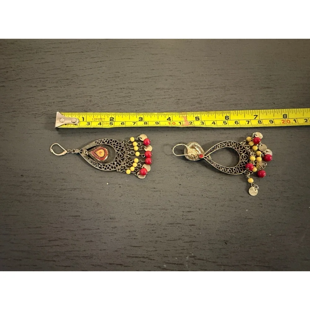 Boho Silver Tone Filigree Chandelier Earrings Red Yellow Beaded Drop Leverback